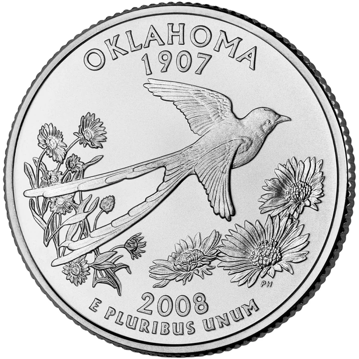2008 Oklahoma 50 State Quarter reverse showing Scissor-tailed flycatcher and Indian blanket flowers
