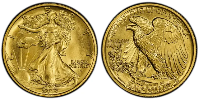 2016-W 50C Walking Liberty 100th Anniversary Gold obverse and reverse thumbnail