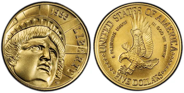 1986-W $5 Statue Of Liberty obverse and reverse thumbnail