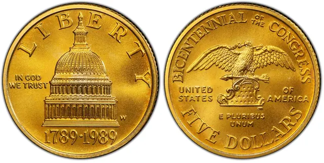 1989-W $5 Congress obverse and reverse thumbnail