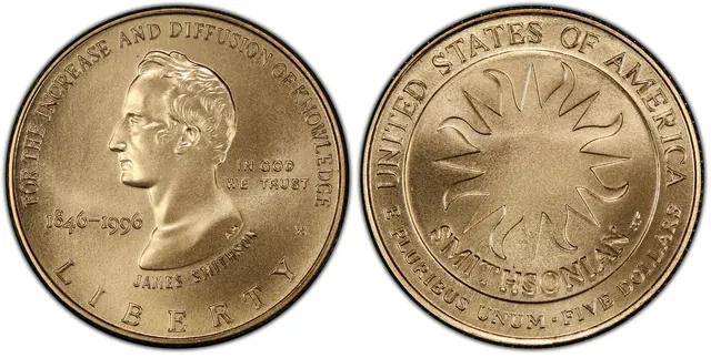 1996-W $5 Smithsonian obverse and reverse thumbnail