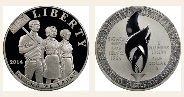 2014 P Civil Rights Act of 1964 S$1 PF NGC obverse and reverse identification pair