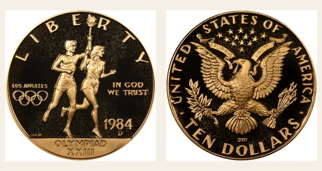 1984 D Olympics $10 PF NGC obverse and reverse identification pair