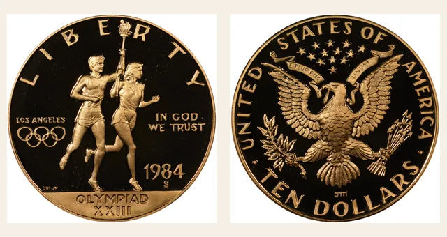 1984 S Olympics $10 PF NGC obverse and reverse identification pair