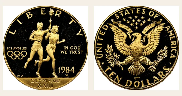 1984 W Olympics $10 PF NGC obverse and reverse identification pair