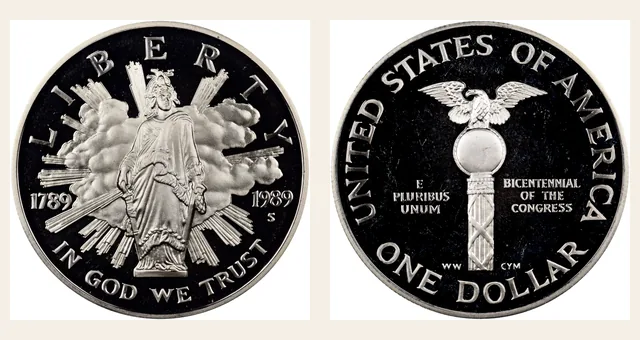 1989 S Congress Bicentennial S$1 PF NGC obverse and reverse identification pair
