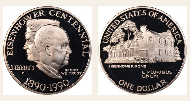 1990 P Eisenhower Centennial S$1 PF NGC obverse and reverse identification pair