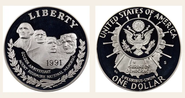1991 S Mount Rushmore S$1 PF NGC obverse and reverse identification pair