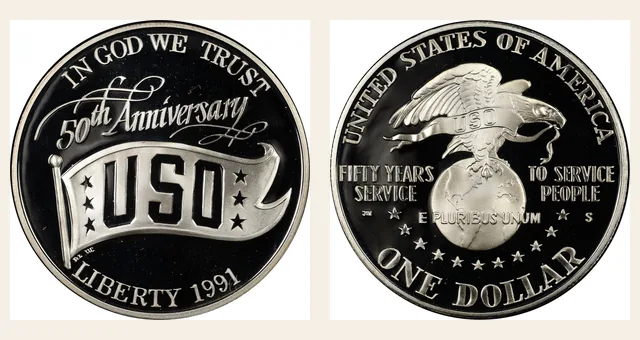 1991 S USO Anniversary S$1 PF NGC obverse and reverse identification pair