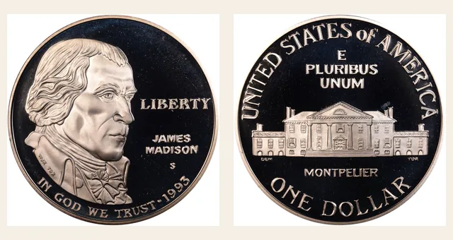 1993 S James Madison S$1 PF NGC obverse and reverse identification pair