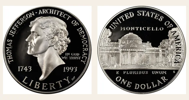 1993 S Thomas Jefferson S$1 PF NGC obverse and reverse identification pair