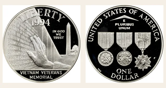 1994 P Vietnam Veterans Memorial S$1 PF NGC obverse and reverse identification pair