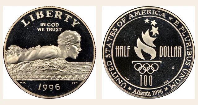 1996 S Olympics - Swimming 50C PF NGC obverse and reverse identification pair