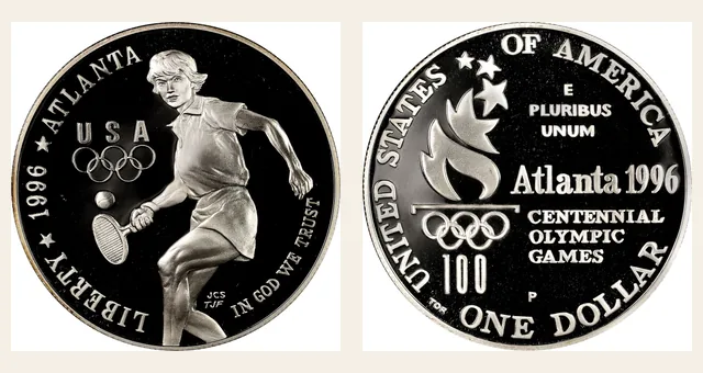 1996 P Olympics - Tennis S$1 PF NGC obverse and reverse identification pair
