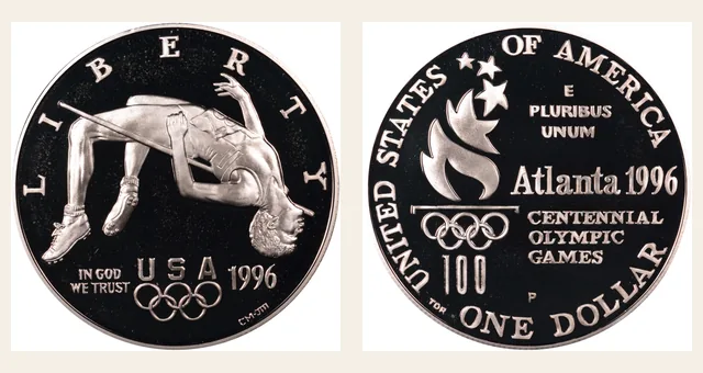 1996 P Olympics - High Jump S$1 PF NGC obverse and reverse identification pair