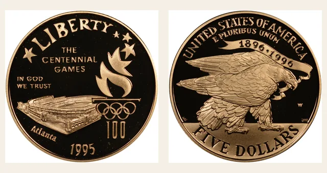 1995 W Olympics - Stadium $5 PF NGC obverse and reverse identification pair