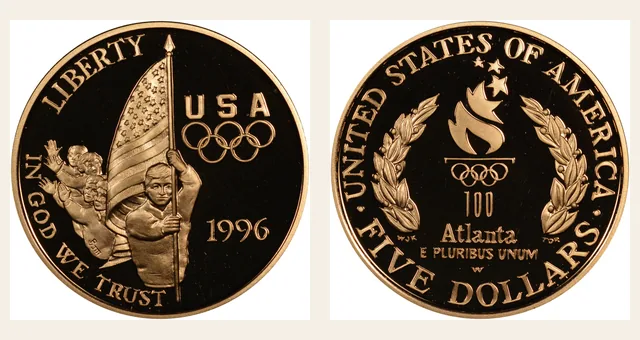 1996 W Olympics - Flag Bearer $5 PF NGC obverse and reverse identification pair