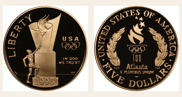 1996 W Olympics - Cauldron $5 PF NGC obverse and reverse identification pair