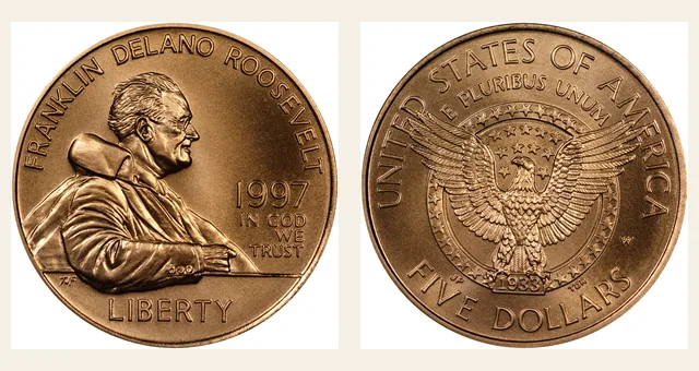 1997-W $5 F.D.R NGC obverse and reverse identification pair