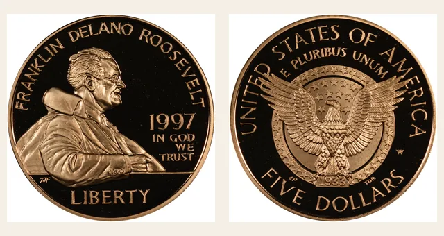 1997 W Franklin D. Roosevelt $5 PF NGC obverse and reverse identification pair