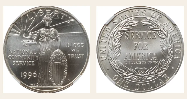1996-S $1 Nat. Comm. Service NGC obverse and reverse identification pair