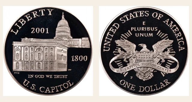 2001 P Capitol Visitor Center S$1 PF NGC obverse and reverse identification pair
