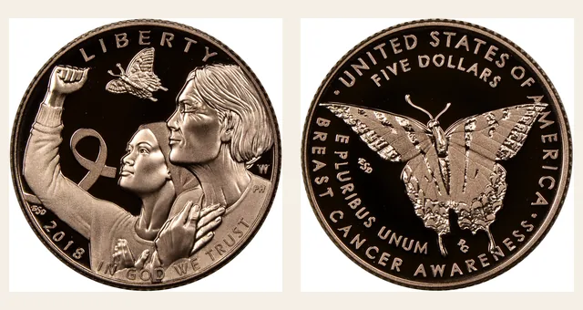 2018 W Breast Cancer Awareness $5 PF NGC obverse and reverse identification pair