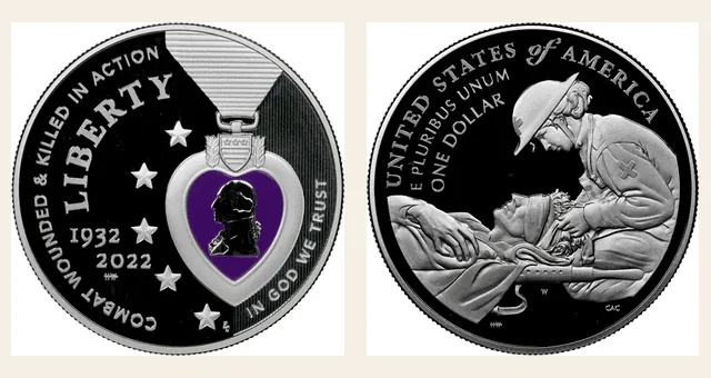 2022 W Purple Heart - Colorized S$1 PF NGC obverse and reverse identification pair