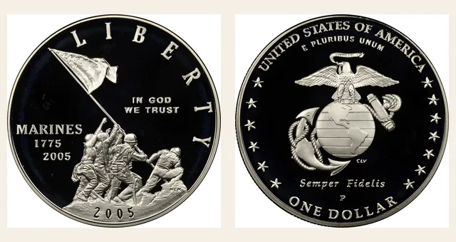 2005 P Marine Corps Anniversary S$1 PF NGC obverse and reverse identification pair