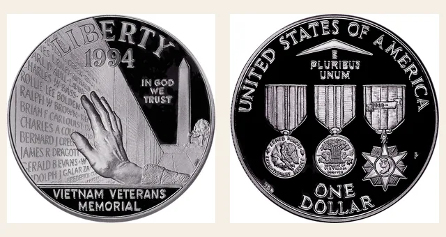 1994 P Vietnam Veterans Memorial S$1 PF NGC obverse and reverse identification pair