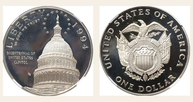 1994 S U.S. Capitol Bicentennial S$1 PF NGC obverse and reverse identification pair