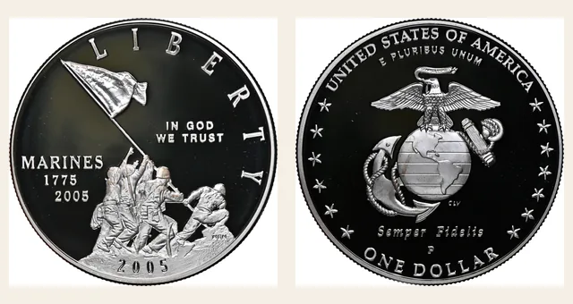 2005 P Marine Corps Anniversary S$1 PF NGC obverse and reverse identification pair
