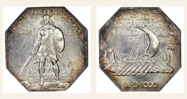 1925 Norse American Thin Silver Medal MS NGC obverse and reverse identification pair