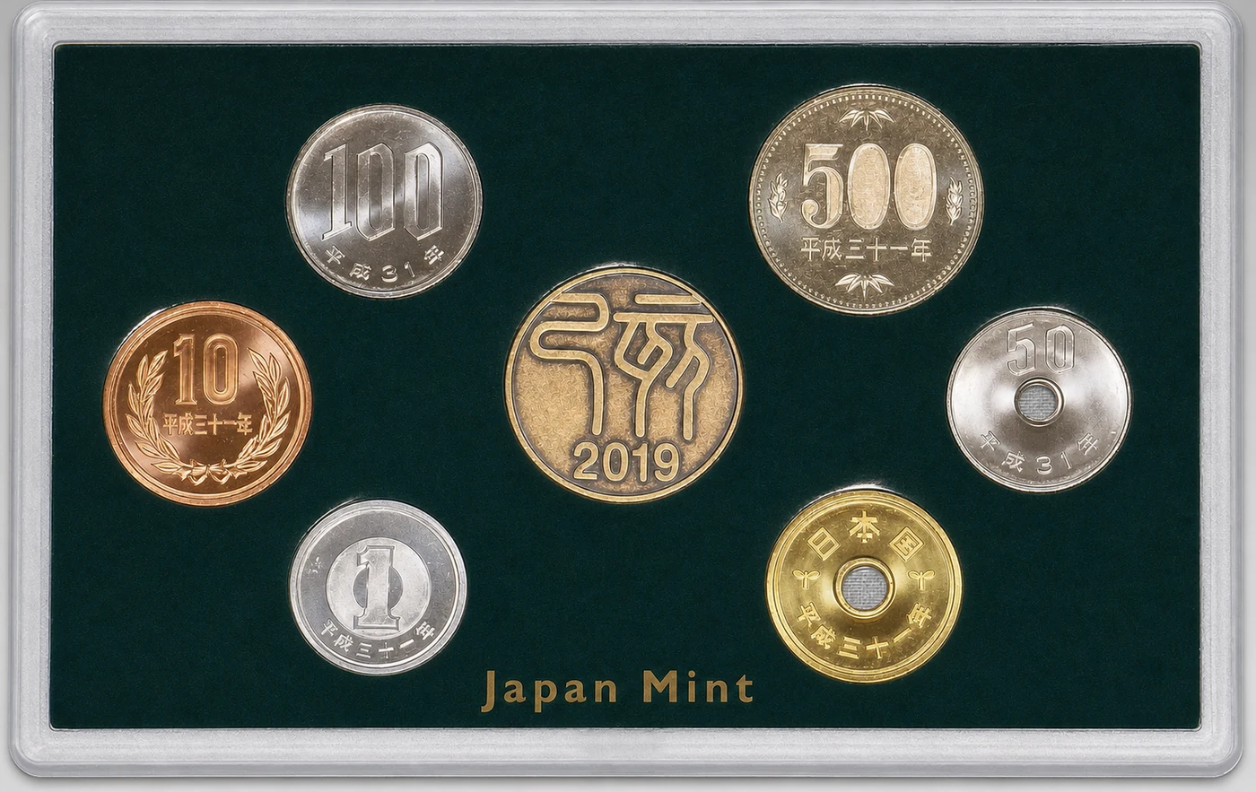 One side of the official 2019 Japan Mint Set holder with six coins and the dated medal