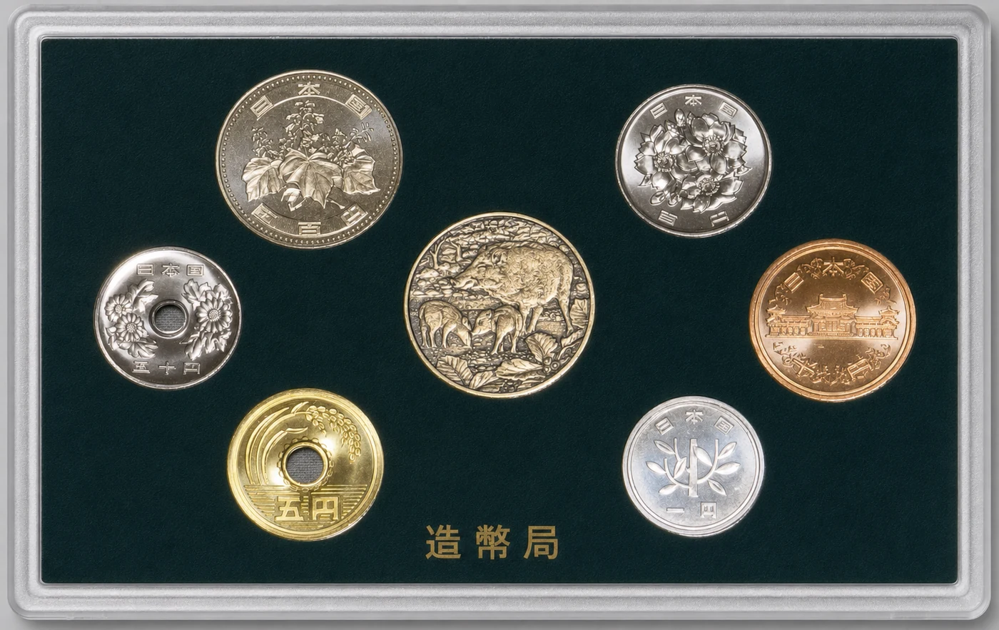 Opposite side of the official 2019 Japan Mint Set holder with six coins and the medal