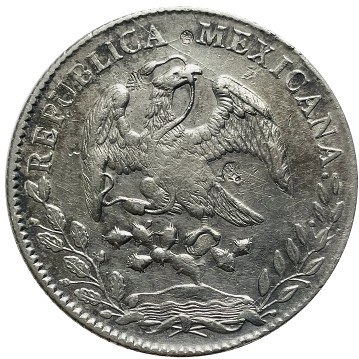 Obverse of 1884 Zacatecas Zs JS Republican Cap-and-Rays 8 Reales with merchant chopmarks