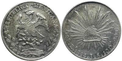 Thumbnail of 1884 Zacatecas Zs JS Republican Cap-and-Rays 8 Reales with merchant chopmarks