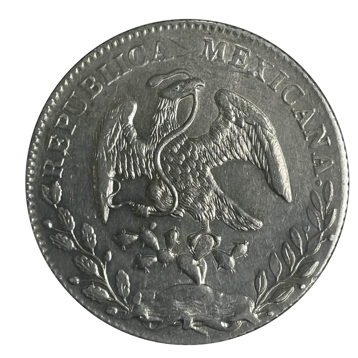 Obverse of 1897 Guanajuato Go RS final-year Republican Cap-and-Rays 8 Reales