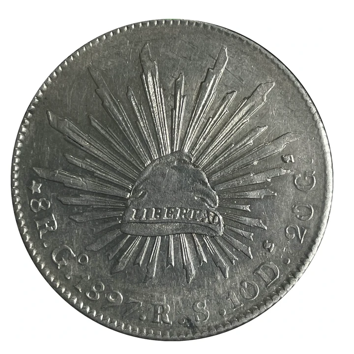 Reverse of 1897 Guanajuato Go RS final-year Republican Cap-and-Rays 8 Reales